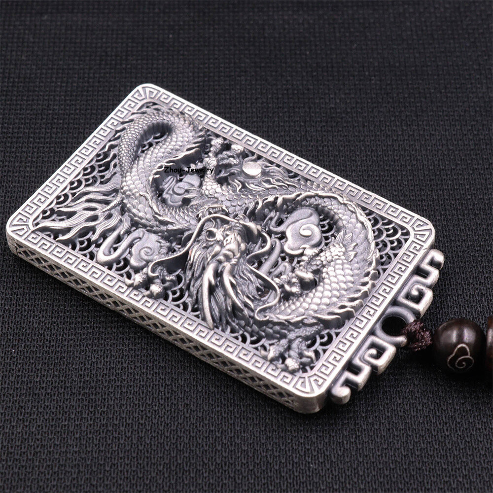 Pure S999 Sterling Silver Pendant Men Women Hollow Dragon Pendant 20-21g 50*31mm