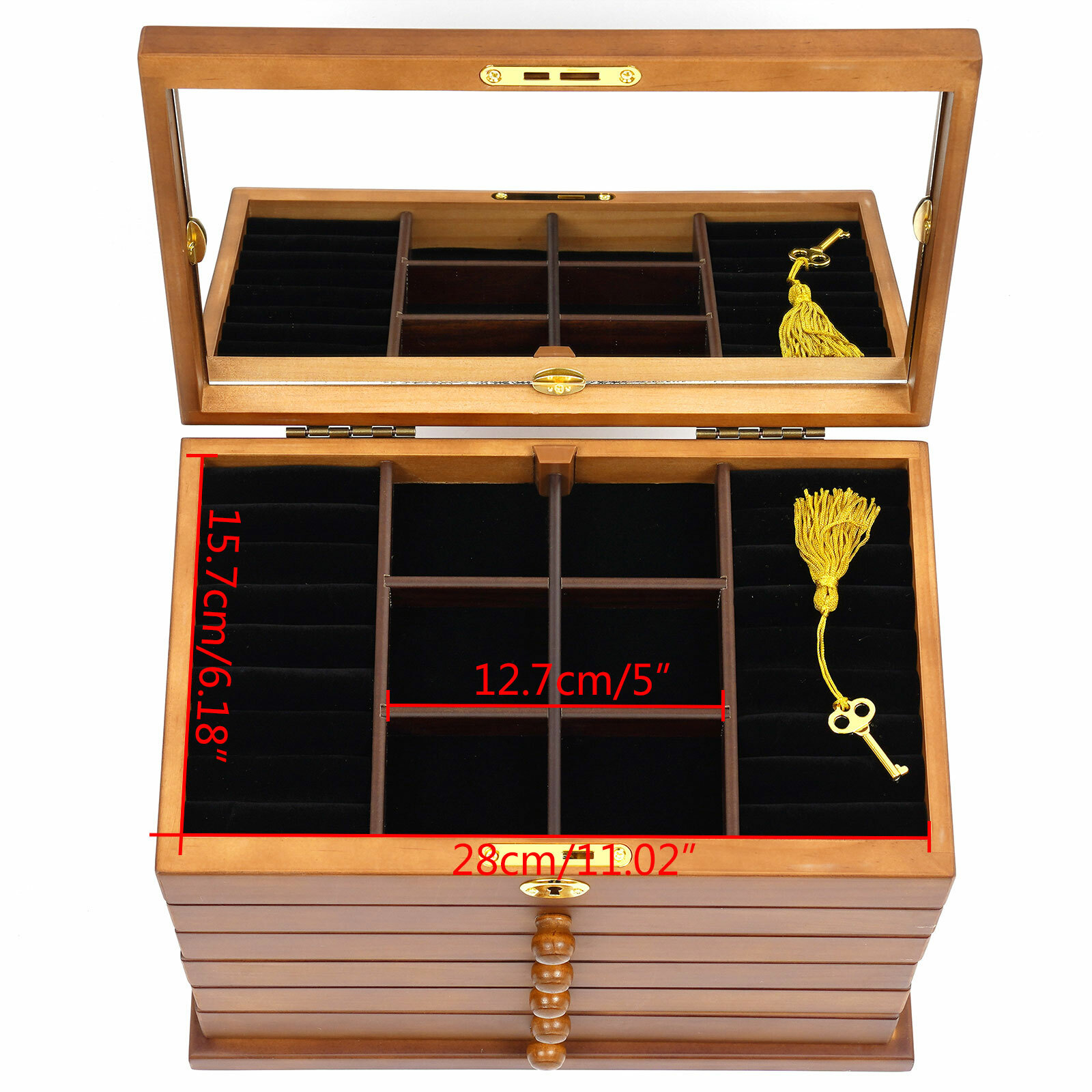 Jewelry Box Wood for Wowen 6-Layer Large Organizer Box with Mirror & 5 Drawers~