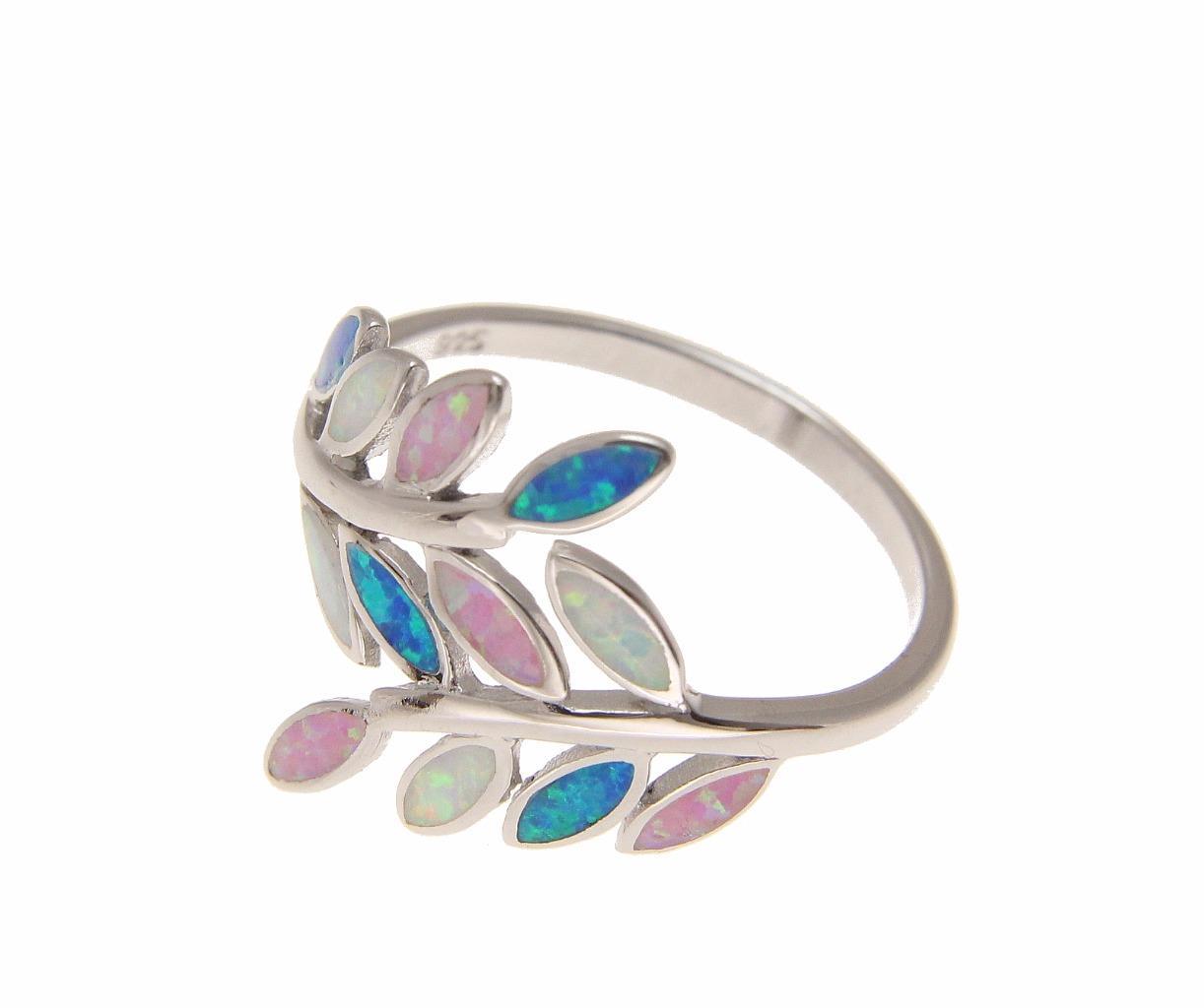 BLUE WHITE PINK TRICOLOR INLAY OPAL RING HAWAIIAN MAILE LEAF 925 STERLING SILVER