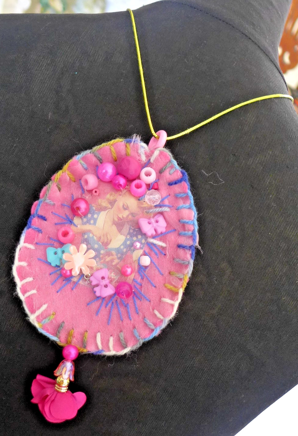 Handmade Crocheted art Necklace Cotton Fabrics embroidered crocheted+ Beads