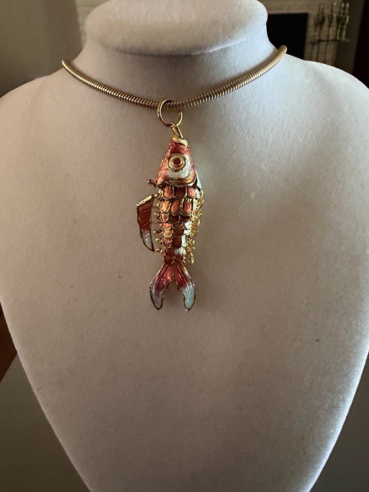 Vintage Chinese Gold Orange Enamel Cloissone Articulated Koi Fish Pendant Neck.