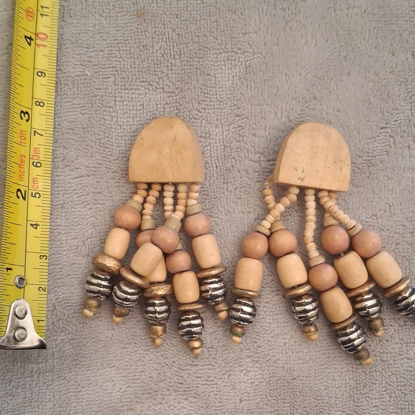 Beige Beaded Clip-On Dangle Earrings Wood Metal No Stone 2.8 in