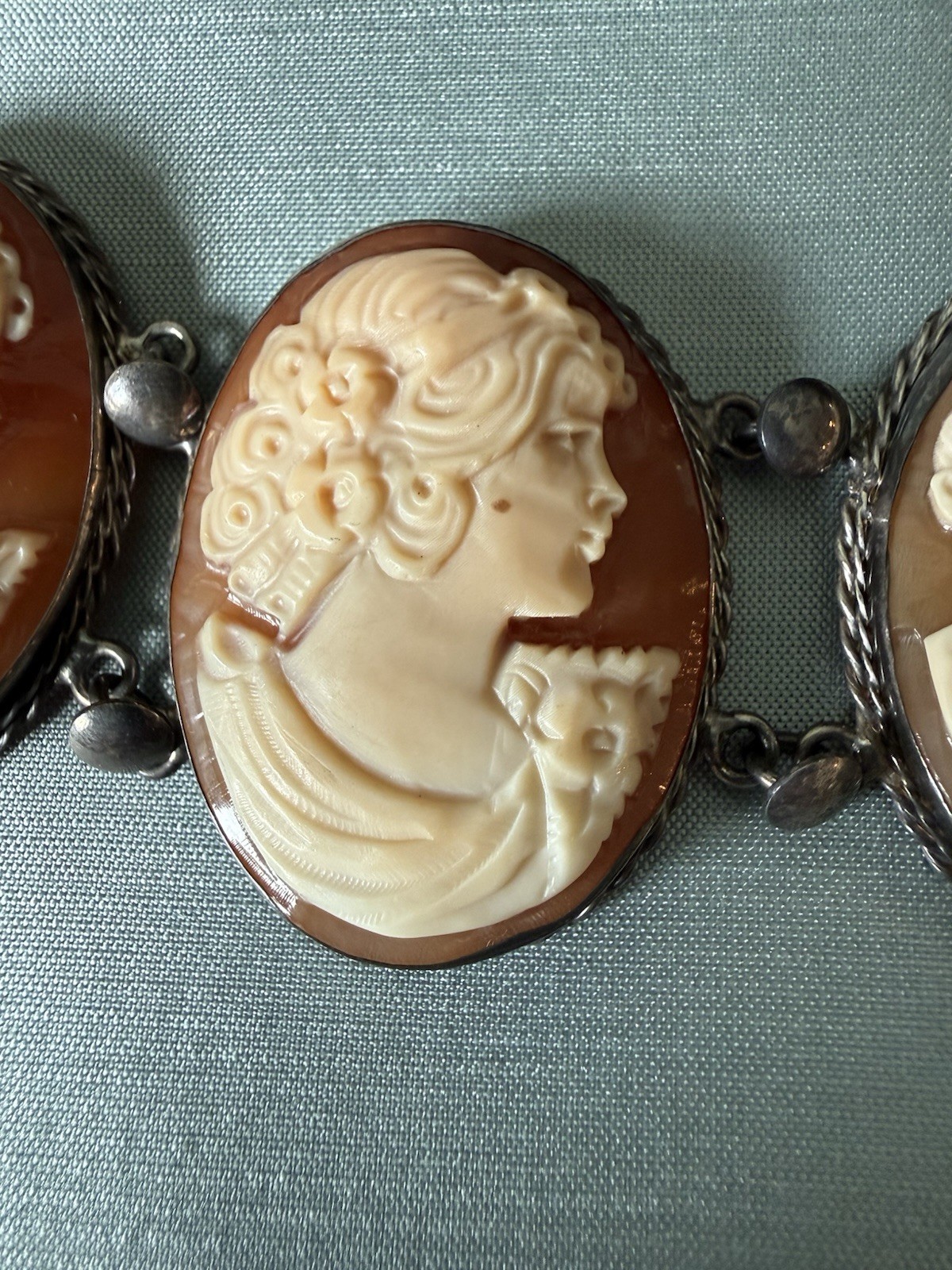 8 Inch Vintage￼Silver Cameo Bracelet, ￼ translucent Coral Color- 1.5 In Wide