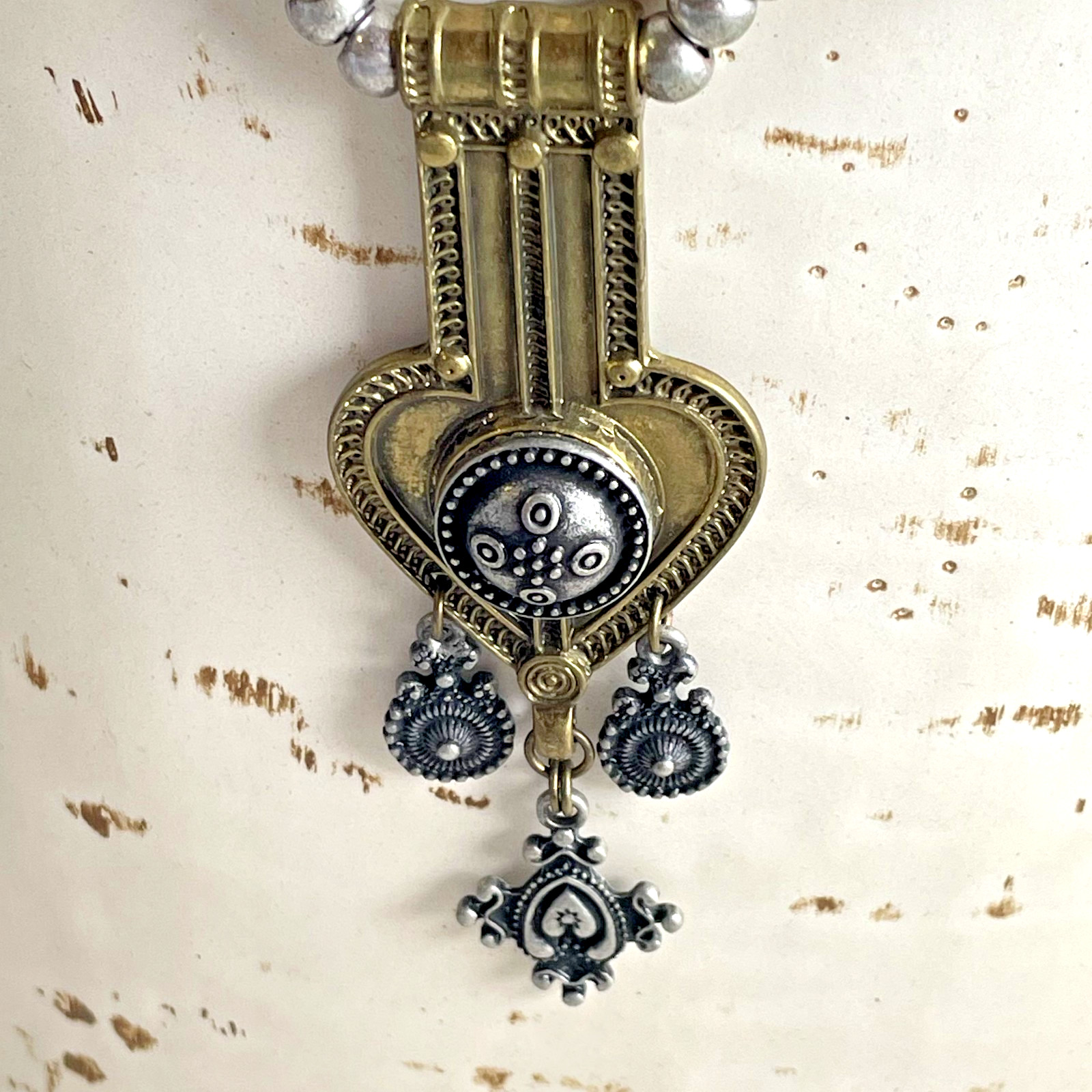 Vintage ELFE Italy White Resin Naja Squash Blossom Statement Pendant Necklace