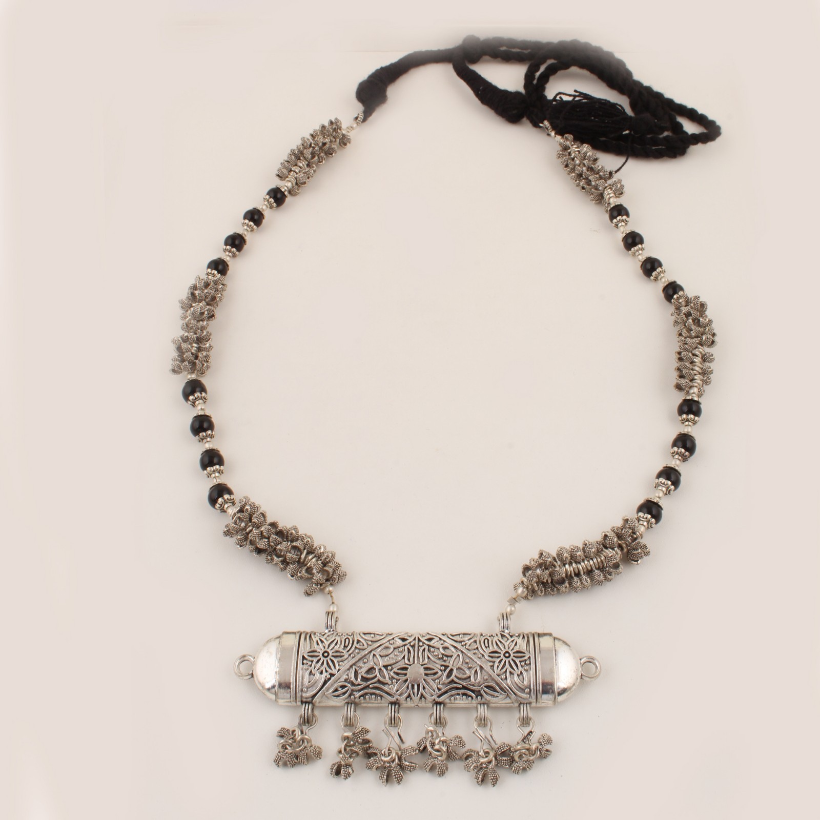Handmade Oxidized Silver Black Beaded Necklace, Boho Ethnic Jewelry