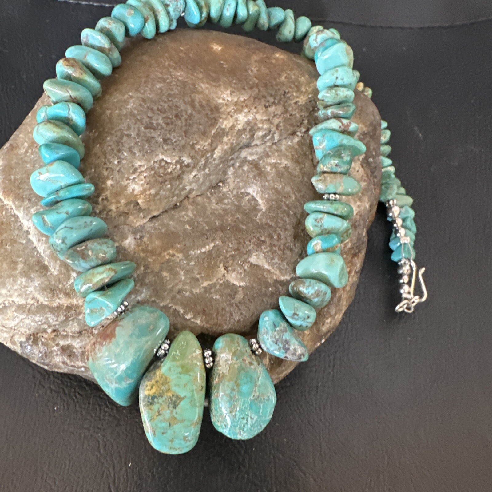 Green Royston Turquoise Bead Navajo Sterling Silver Beads Necklace 16” 15992
