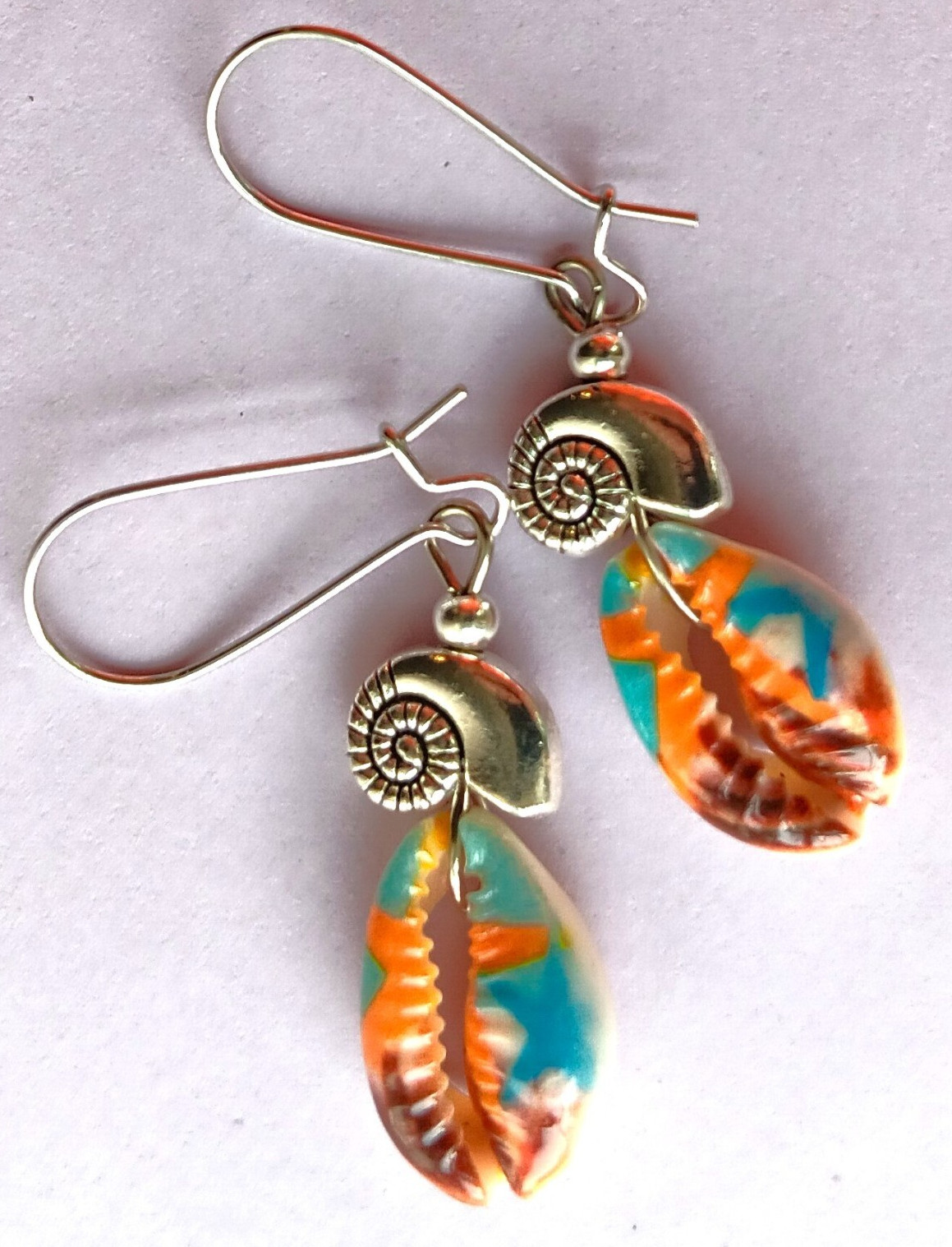 Painted COWRIE SHELL & CONCH dangle earring kidney wire handcrafted #ACTA