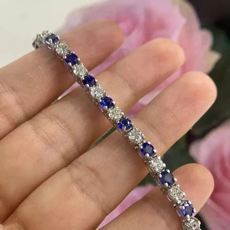 8CT Round Lab-Created Sapphire & Diamond Tennis Bracelet 14K White Gold Plated