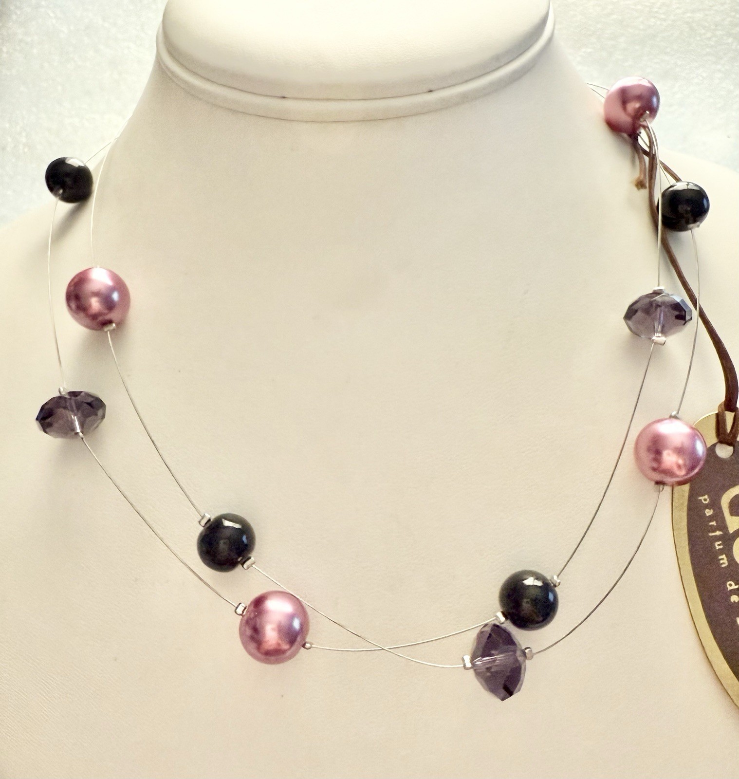 New DUDU Parfum DeBijoux Illusion Glass Pearl & Crystal Purple/Pink 16” Necklace