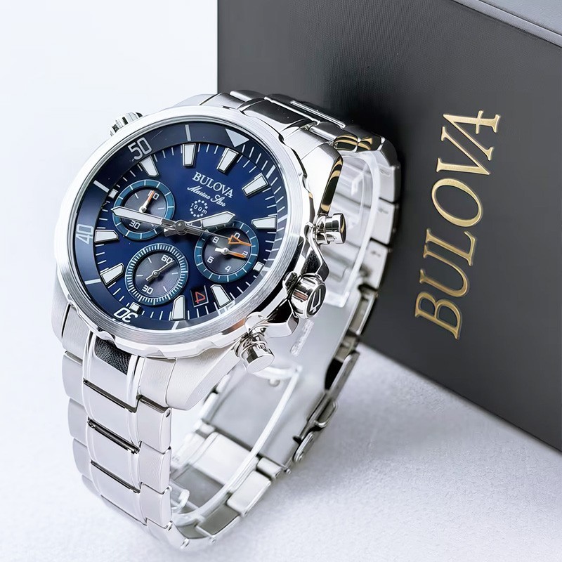 Bulova Men’s Marine Star 96B256 Blue Dial Stainless Strap Quartz Watch 43MM