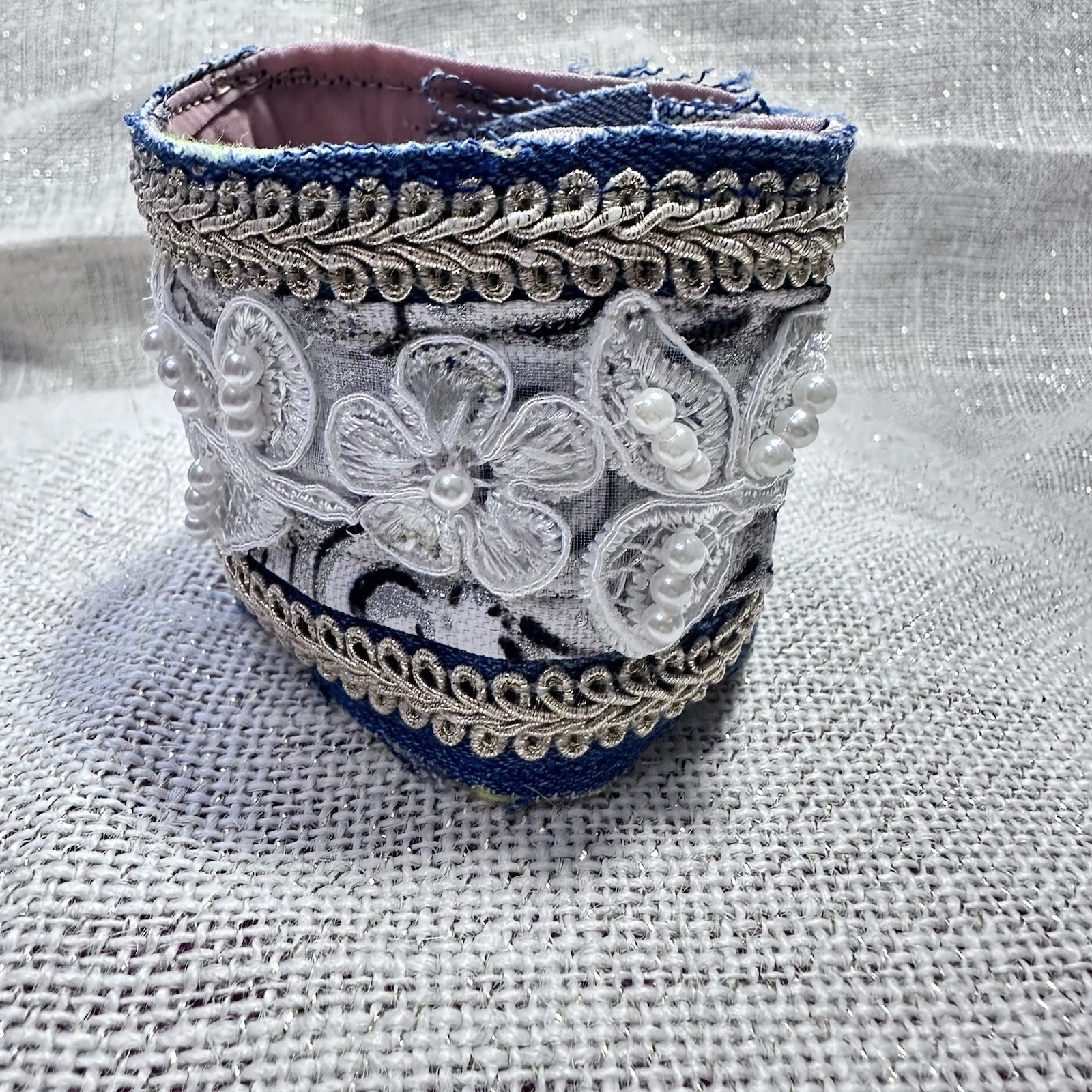 Wide Cuff Bracelet Boho Denim Fabric Embellished 3D Floral Lace Handmade 6-7