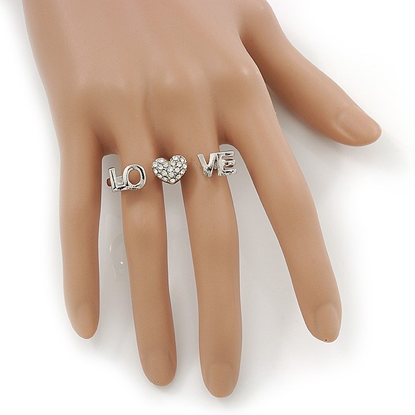Rhodium Plated Double Finger Diamante ‘Love & Heart’ Ring – Size 7&8