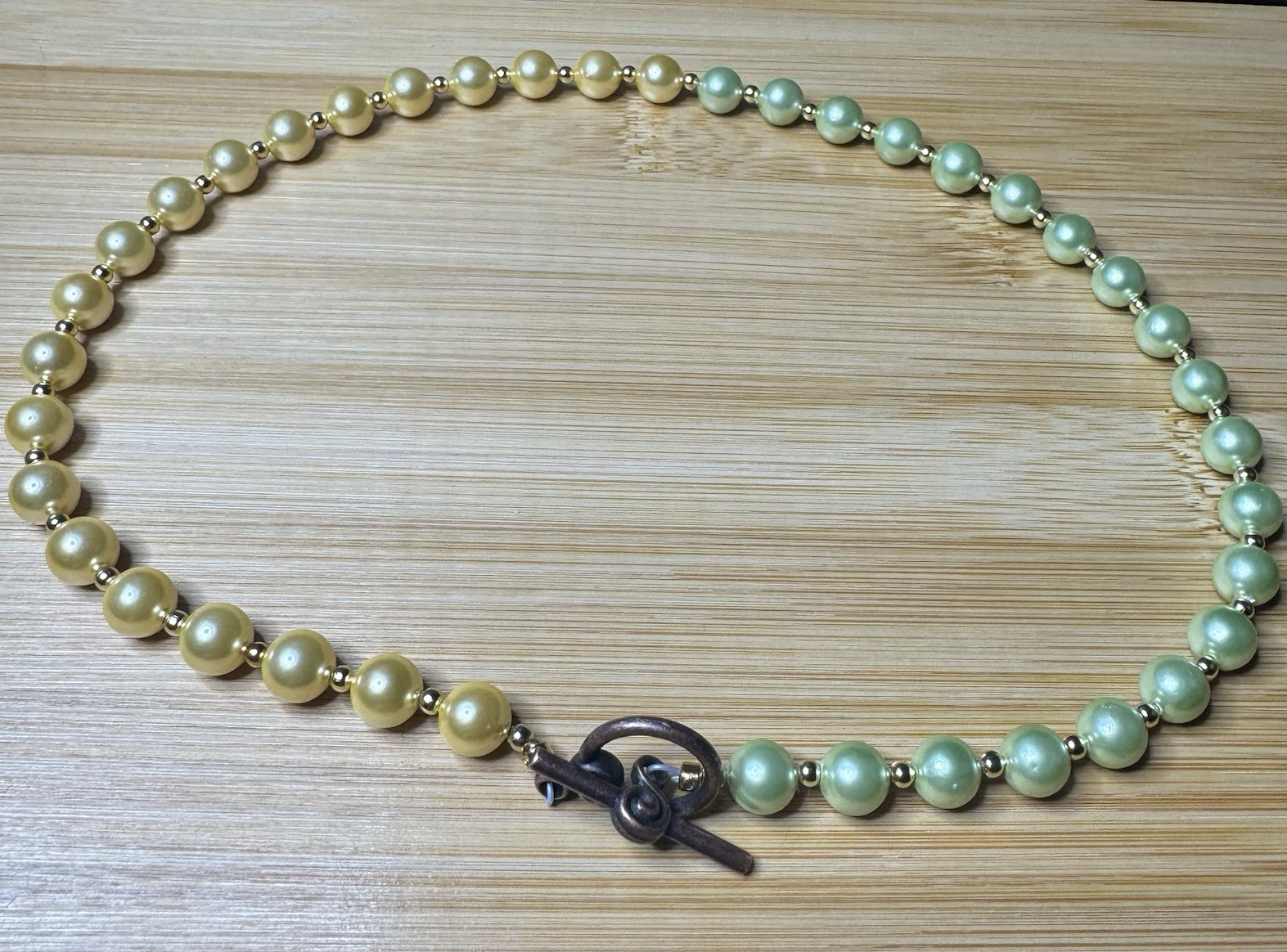 Yellow and Pale Green Round Pearl Beaded Necklace, Toggle Clasp
