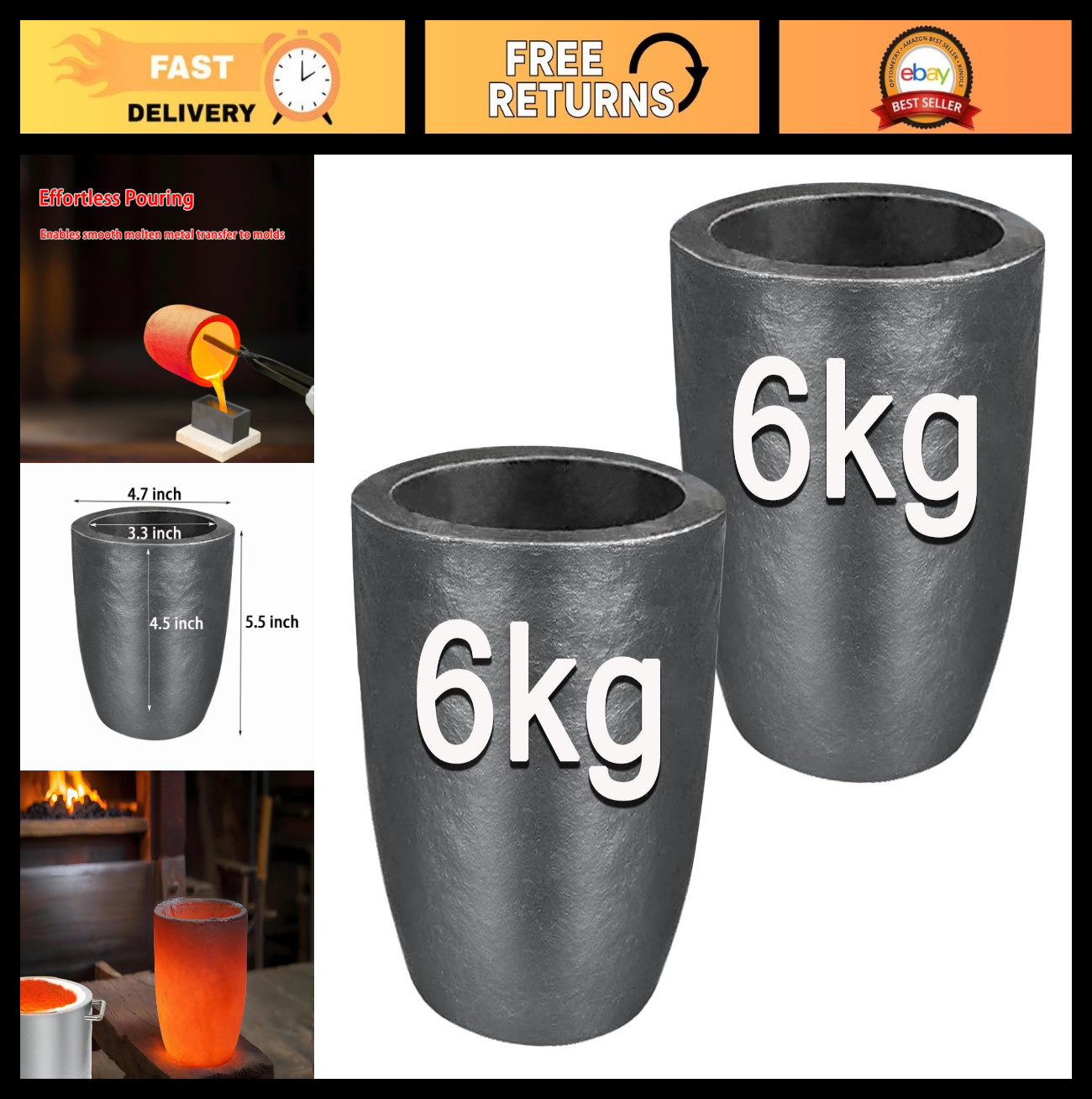 6KG Graphite Crucibles 2PCS – Clay Melting Casting Refining for Gold Silver Copp