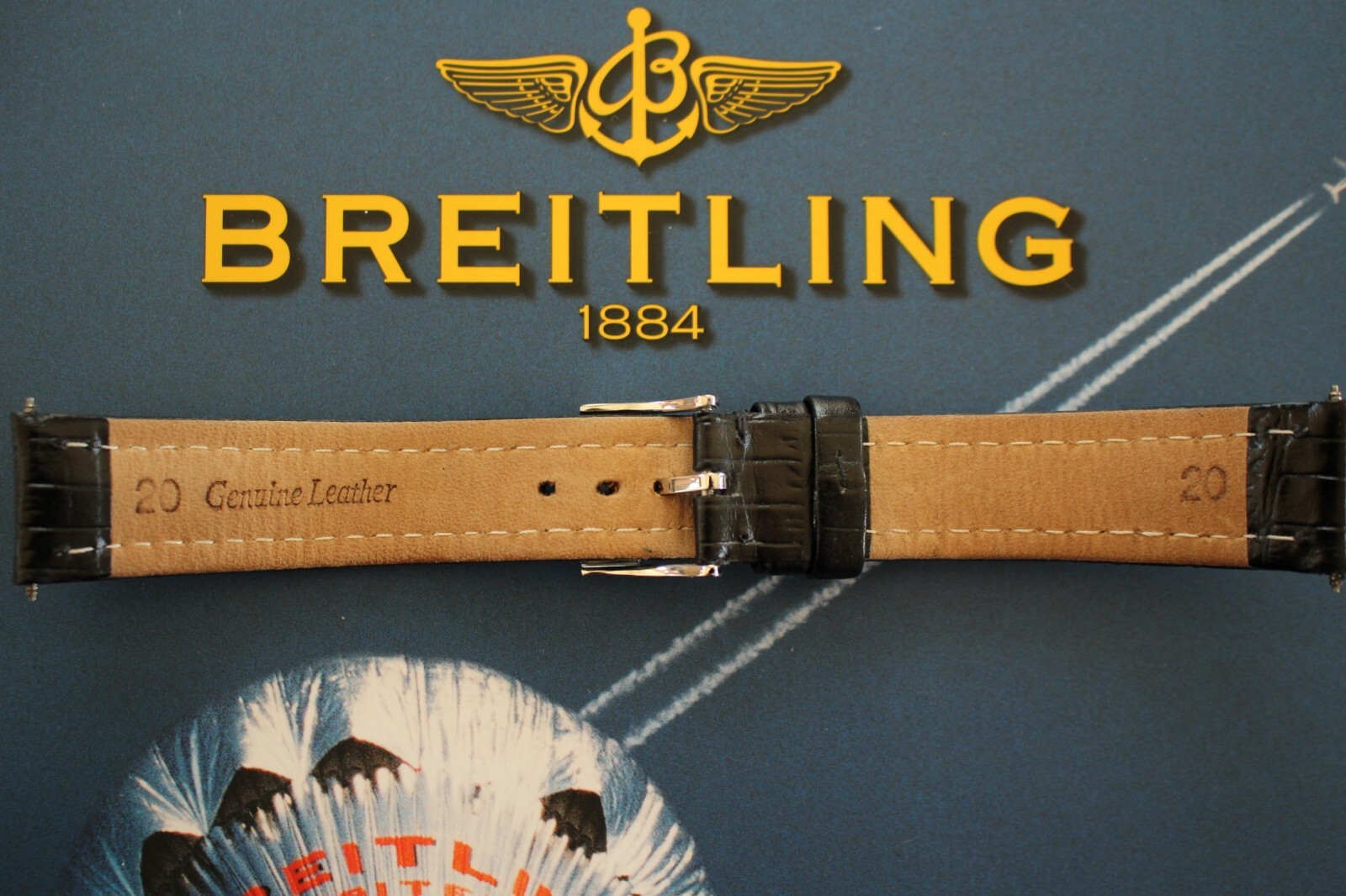 VINTAGE 20MM TONGUE BUCKLE BLACK GATOR WATCH BAND WATCHBAND STRAP FOR BREITLING