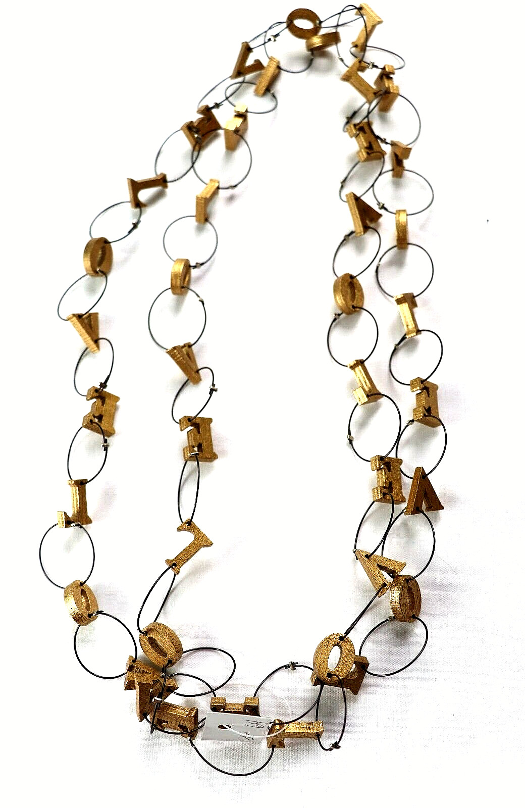 JIANHUI LONDON Gold Tone LOVE Letters Recycled Wood Wire Chain Necklace 52″ New
