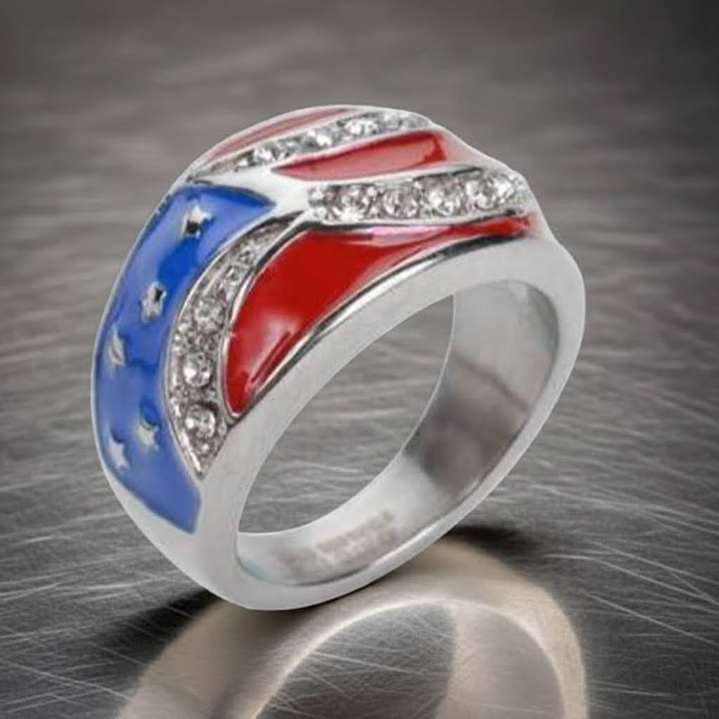 Ladies American Flag Ring Imitation Diamonds Stainless Steel Patriotic Jewelry 4