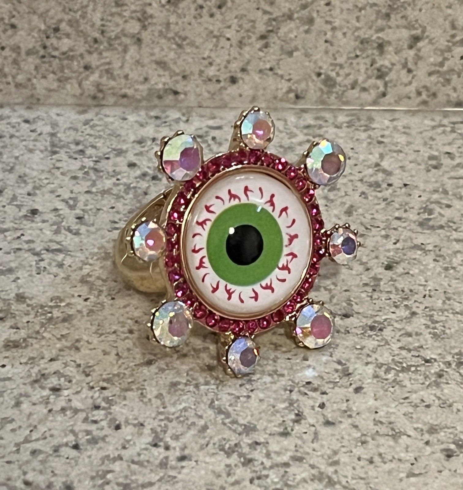 Betsey Johnson Green Evil Eye Cocktail Stretch Ring Crystal Bling NWT
