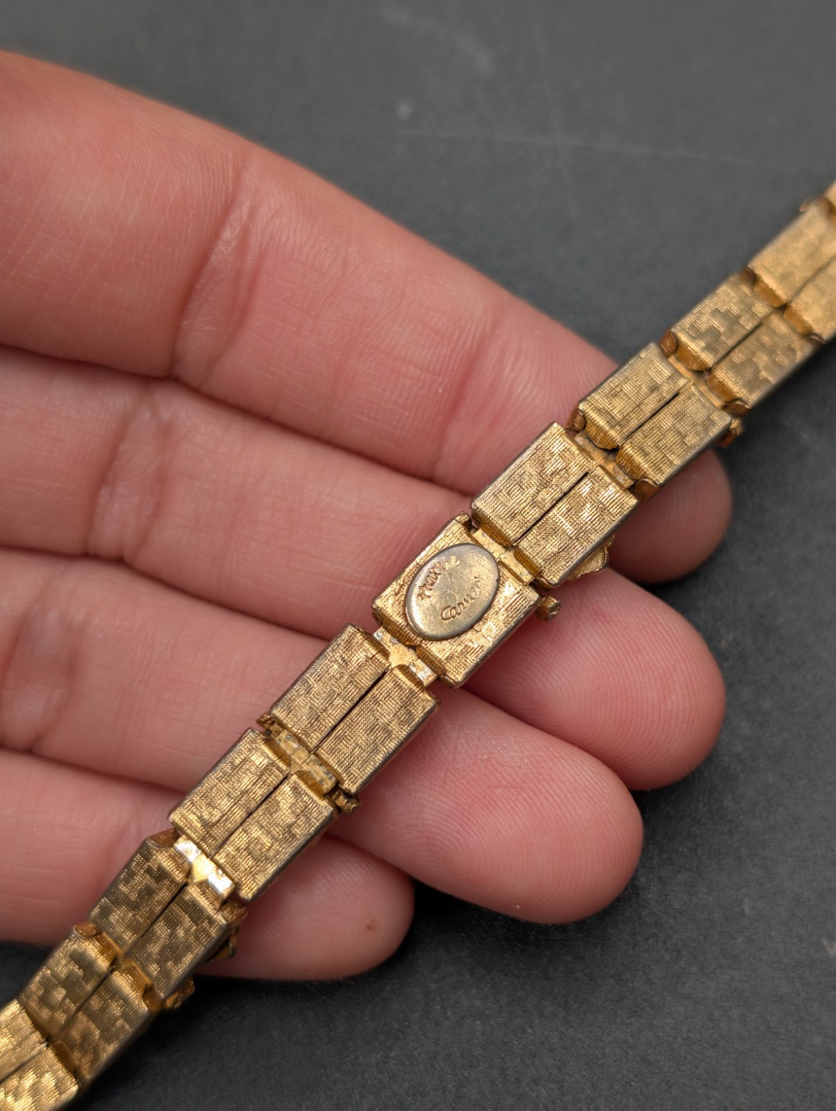Vtg HATTIE CARNEGIE Signed Etruscan or Victorian Revival Gold Tone Bracelet