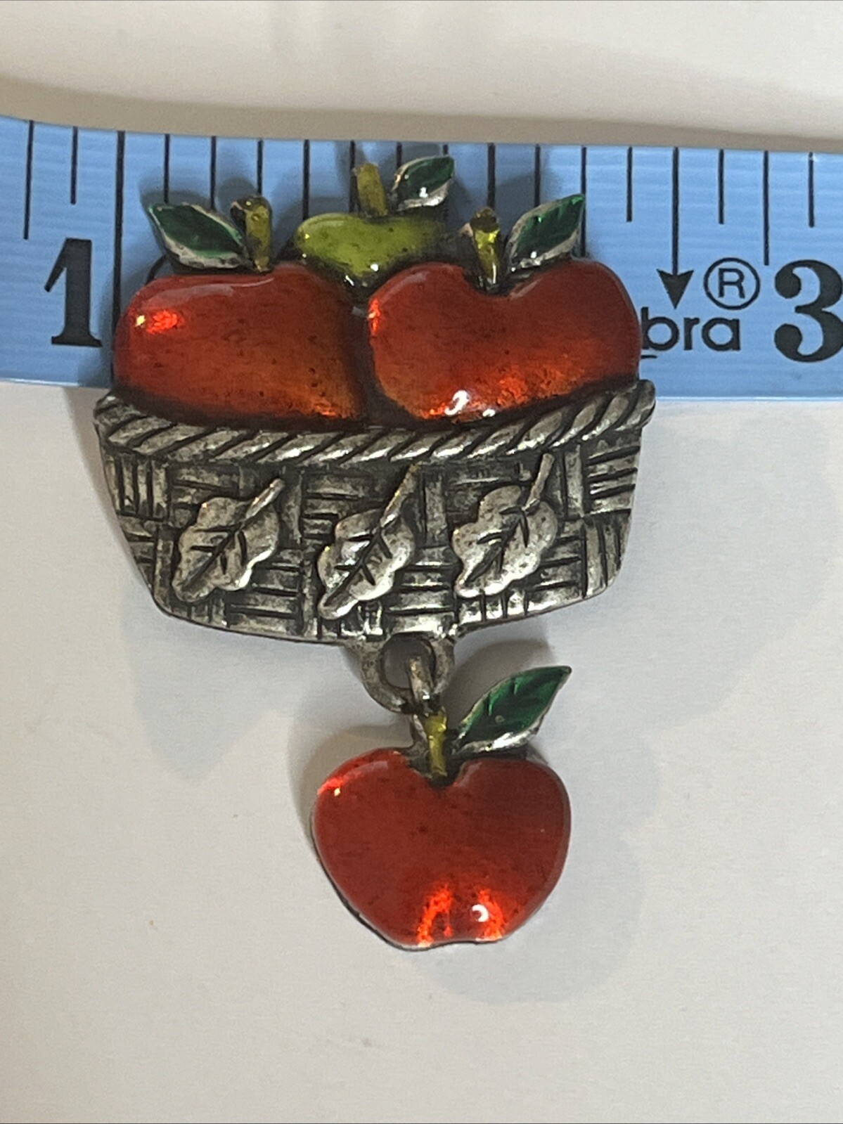AJMC Vintage Pewter Brooch Pin Enamel Red Green Apple Basket Teacher Charm