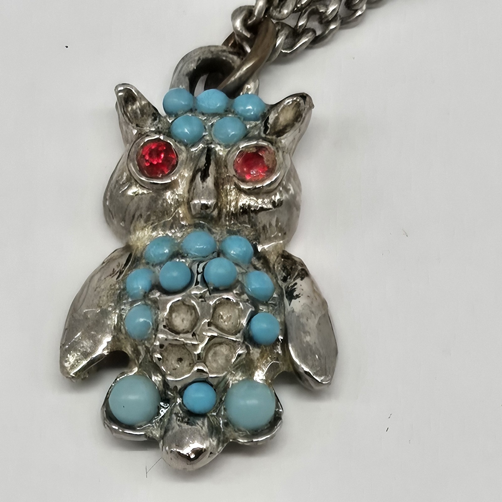 Vtg Rhinestone Eye Owl Silver And Turquoise Toned Necklaces See Details