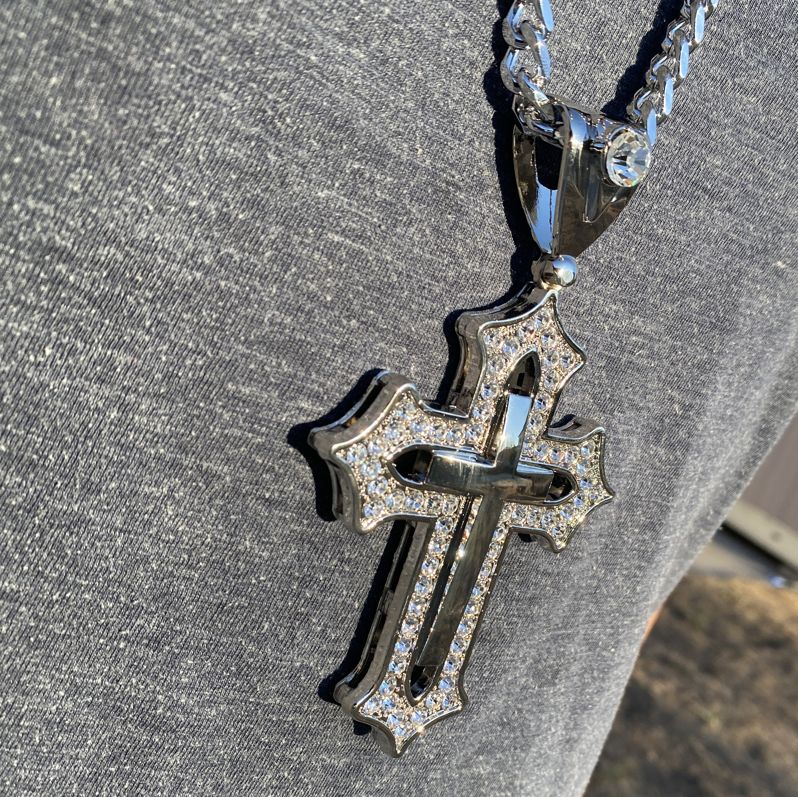 Huge Open Cross Iced Flooded Out CZ Silver Tone Cuban Link Hip Hop Chain 30″