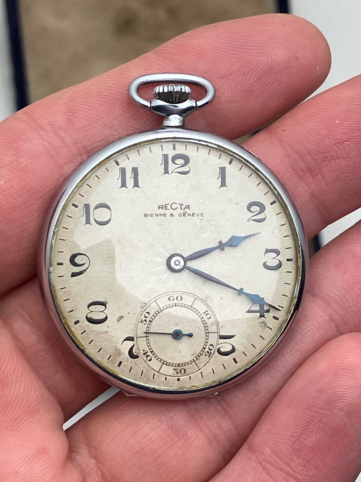 Recta Bienne &Geneve Vintage Pocket Watch BLUE JEWELS ! RARE! Works 23 Hours!