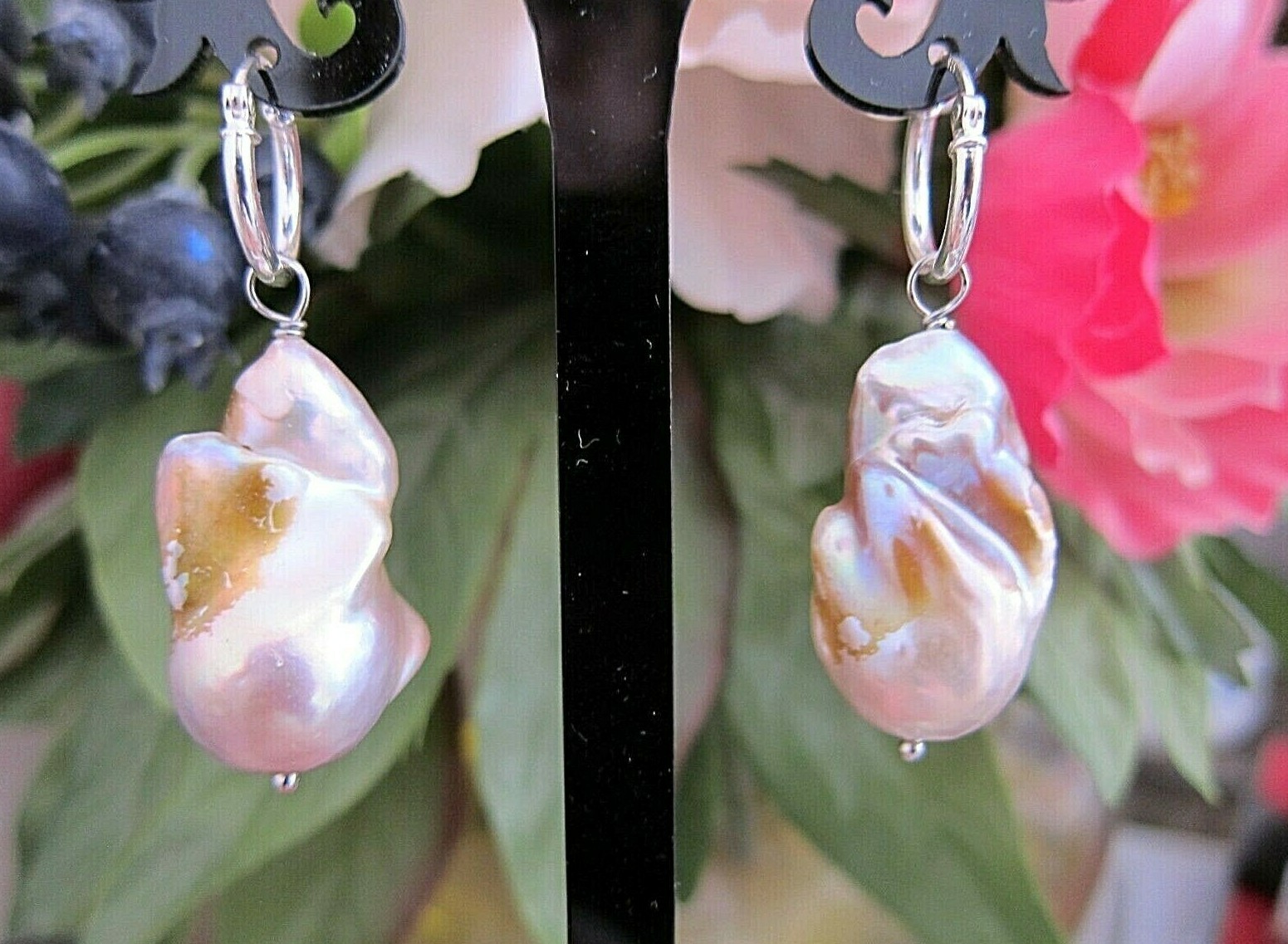 Huge Purple South Sea Keshi Reborn Pearl Drop Earrings on Silver Hoop 25 29mm.