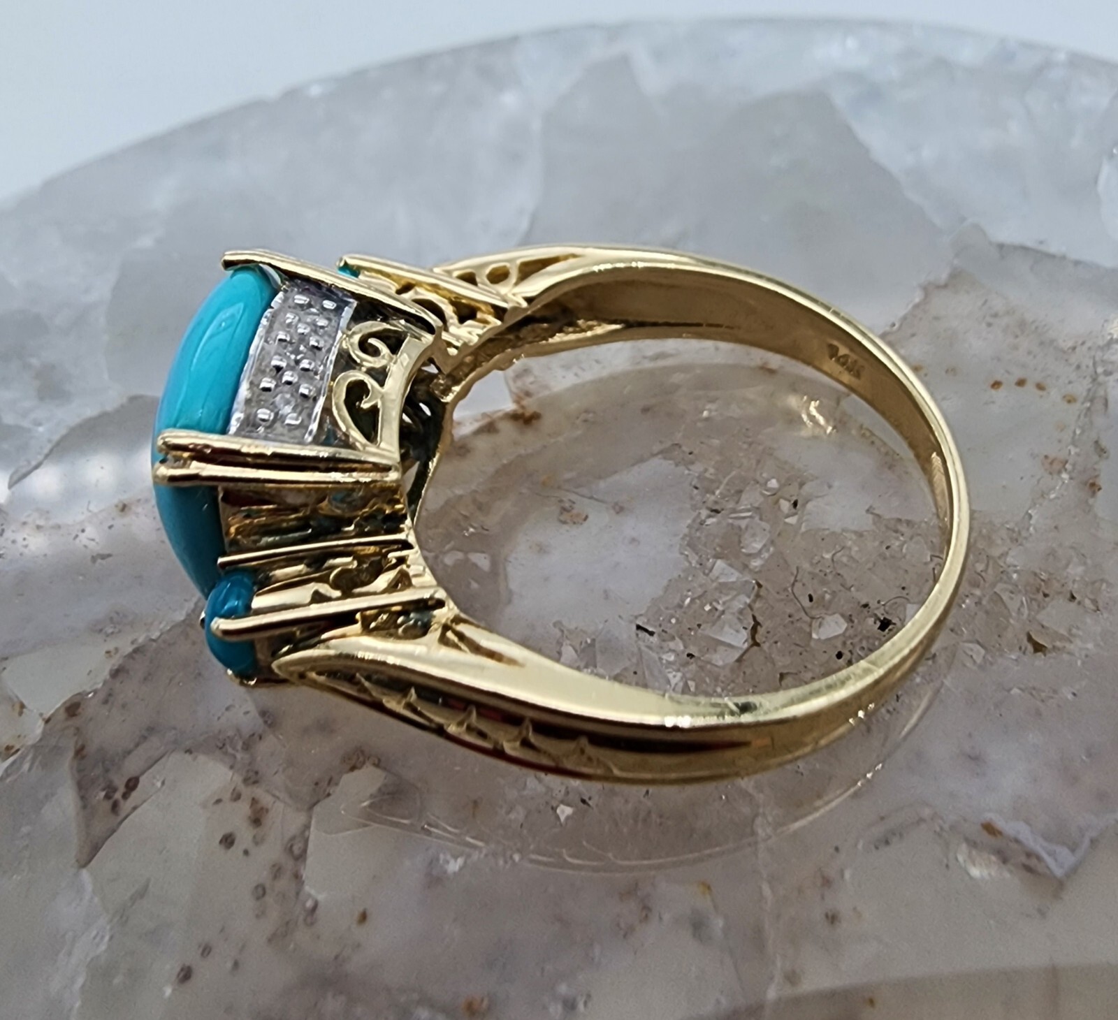 14k .585 Yellow Gold Effy Cushion Turquoise .06 ctw Diamond Sz 7 Ring Au 23231