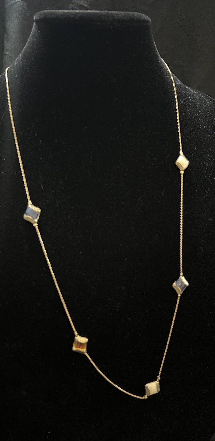 Long Station Necklace Gold Toned With Stone Beads Ivory Blue Brown MCM Style