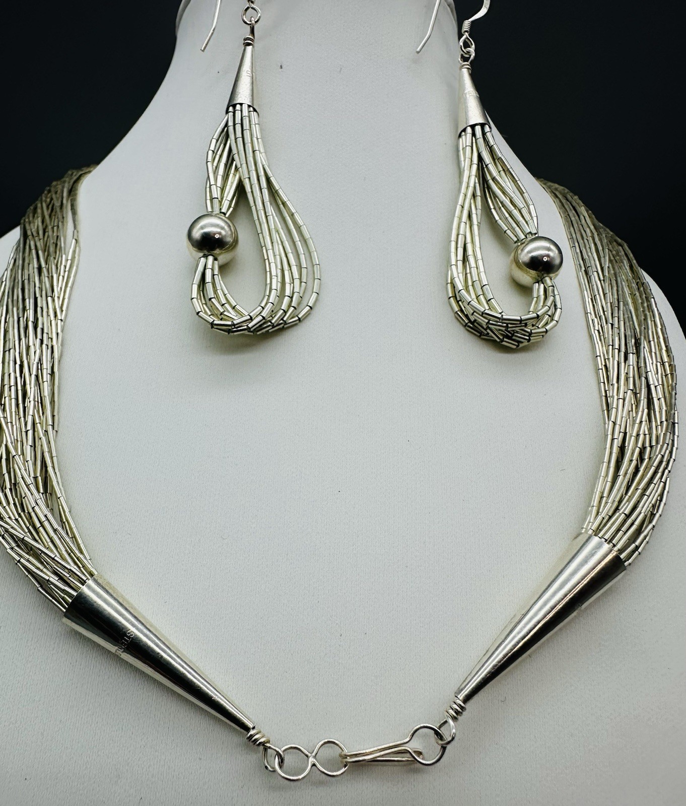 Liquid Sterling Silver 30 Strand Necklace & Earrings Set, 24” Long, Approx 45g