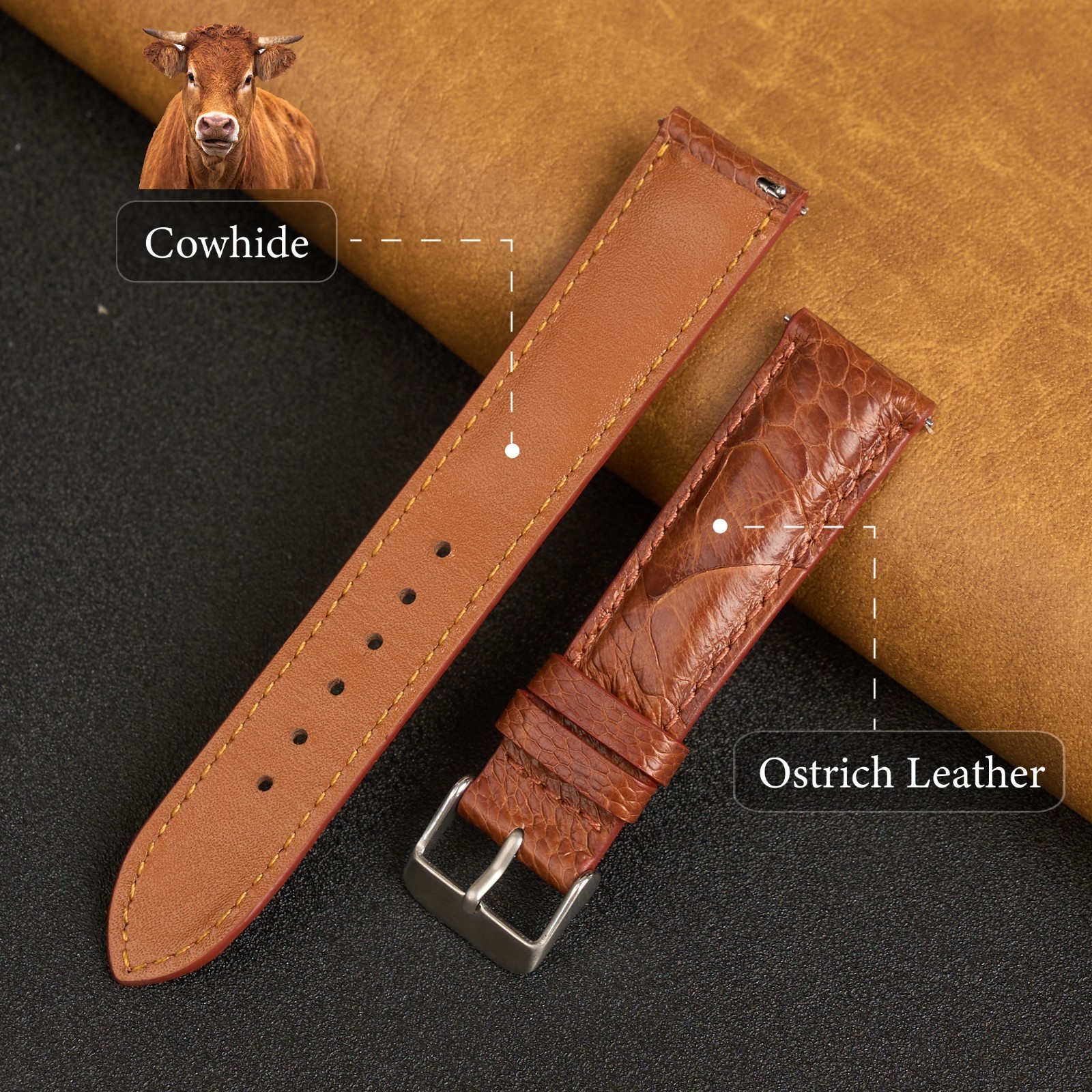 Brown Real Ostrich Leg Leather Watch Band Men Classic Ostrich Watch Strap