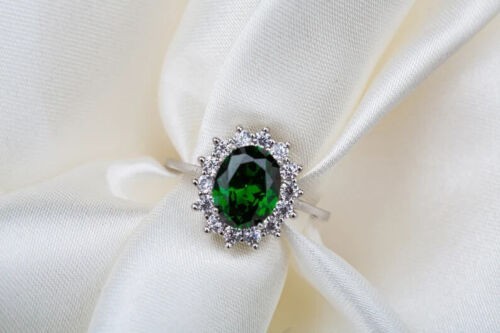 3.94 Ct Oval Cut Natural Emerald & Diamond Engagement Ring 14K White Gold Size 7