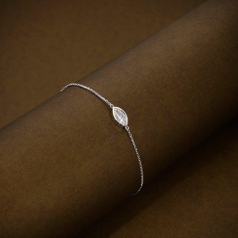 1.0 CT Marquise Cut Moissanite Bezel Set 14K Gold Solitaire Chain Bracelet