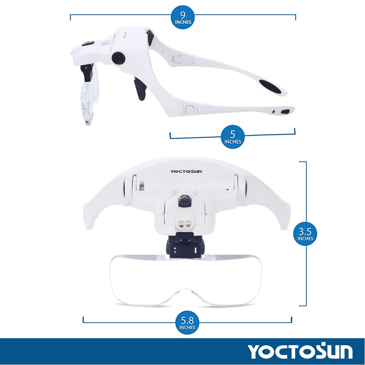 YOCTOSUN Head Mount Magnifier with 2 Led 3.5 inches x 5.8 inches, White