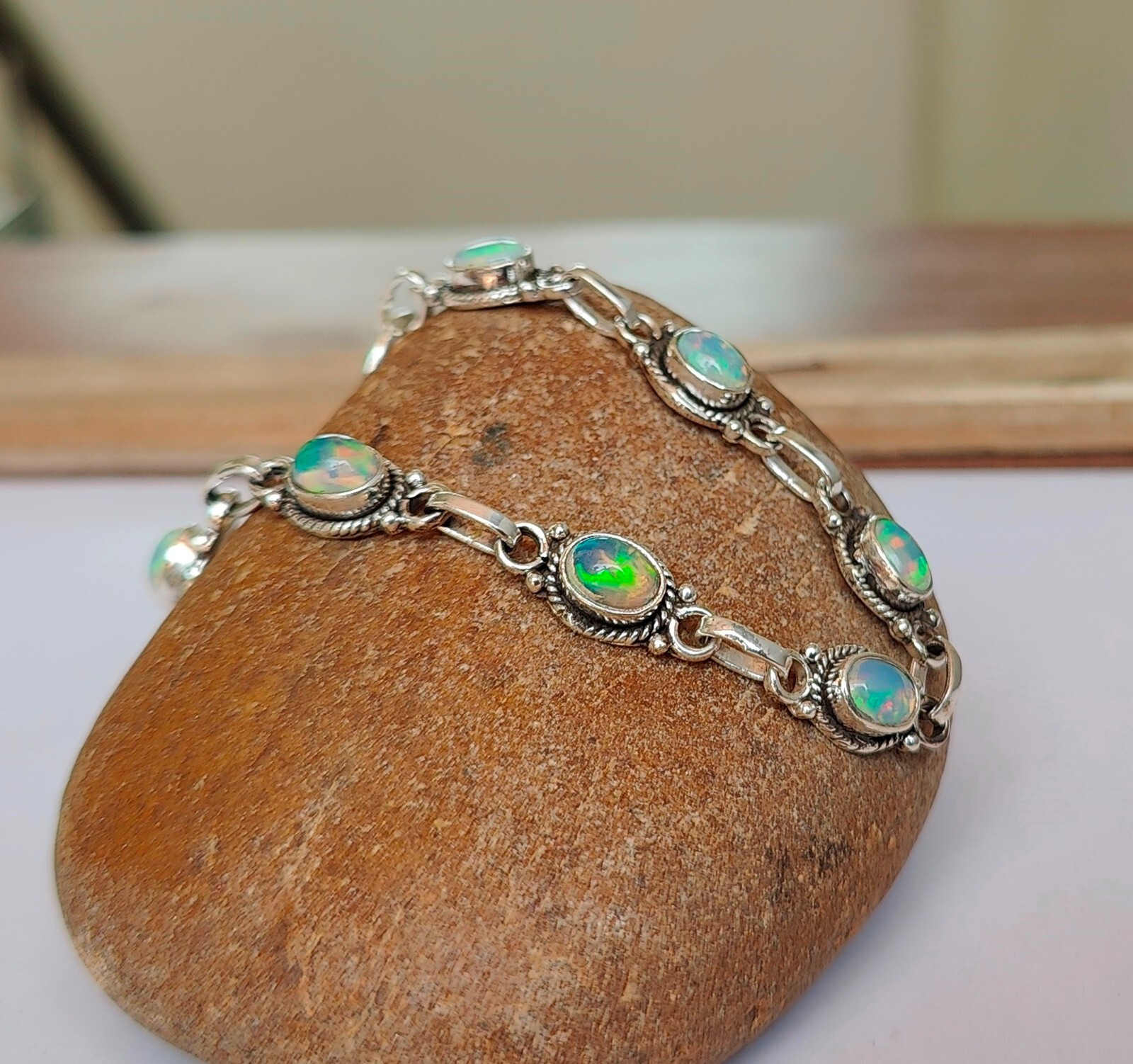 Opal Rainbow Gemstone Bracelet 925 Sterling Silver Beautiful Adjustable PG317