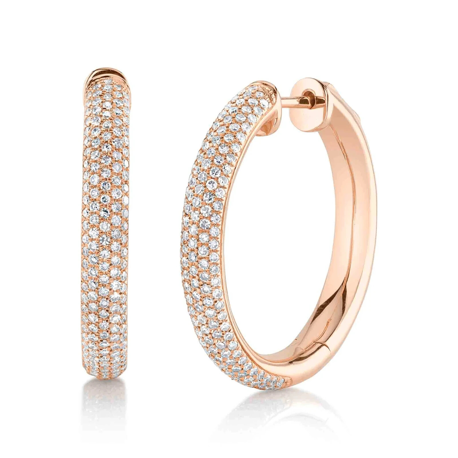 14K Rose Gold Pave Diamond Hoop Earrings Natural 0.76 CT 1.00″ Diameter