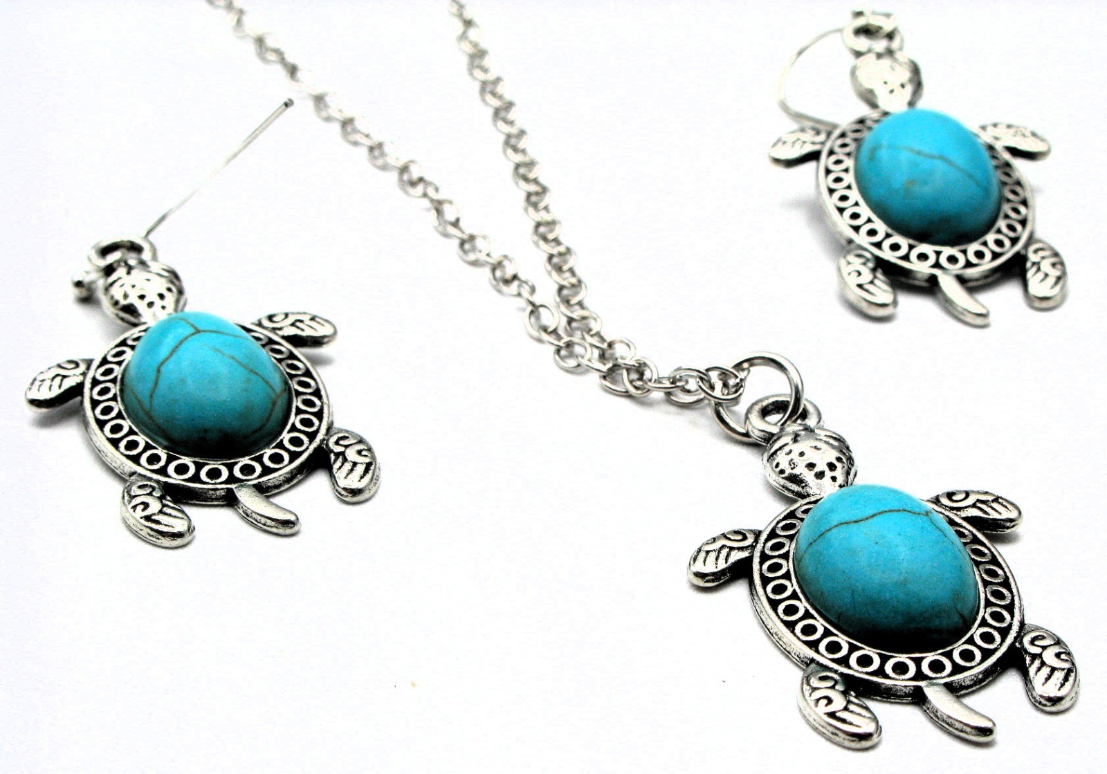 Silver Tone Turtle Necklace and Earring Set, Turquoise Stone, 16.5″ & Extender