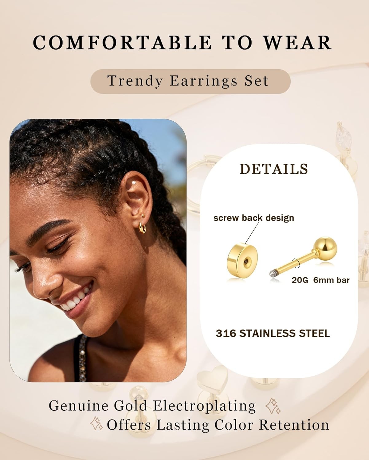 Flat Back Stud Earrings for Women Hypoallergenic Surgical Stainless Steel Flatba