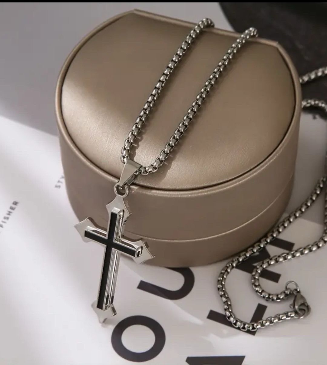 Men’s Stainless Steel Cross Pendant Necklace Silver Rope Chain 23.62in