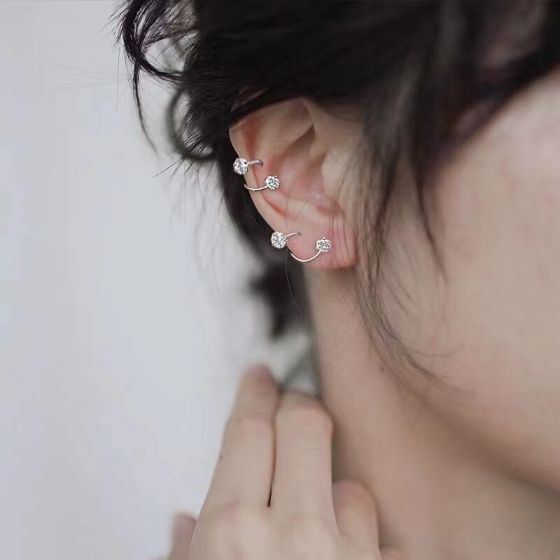 Women Surgical Steel Small CZ Ball Huggie Hoop Earrings Screw Back Ear Stud 2Pcs