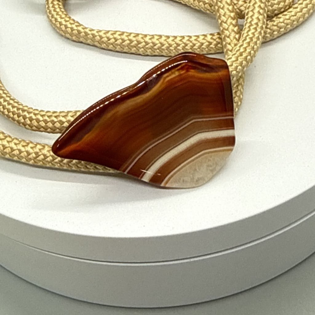 Western Polished Agate Stone Bolo Tie Tan Braided Cord Southwestern Style Vtg