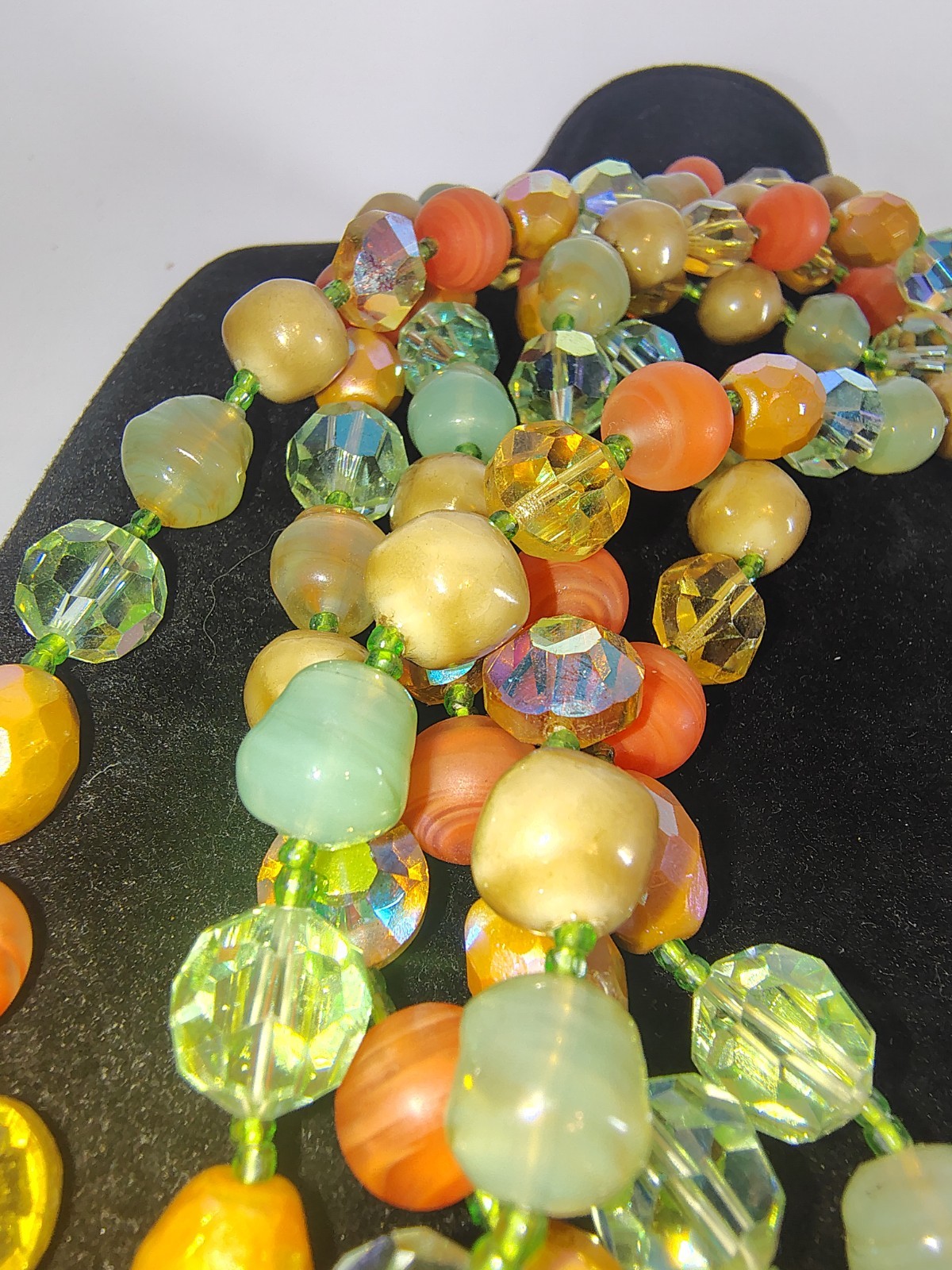 Vintage 3 Strand Glass & Early Plastic Bead Necklace UV Reactive 18″ 114g