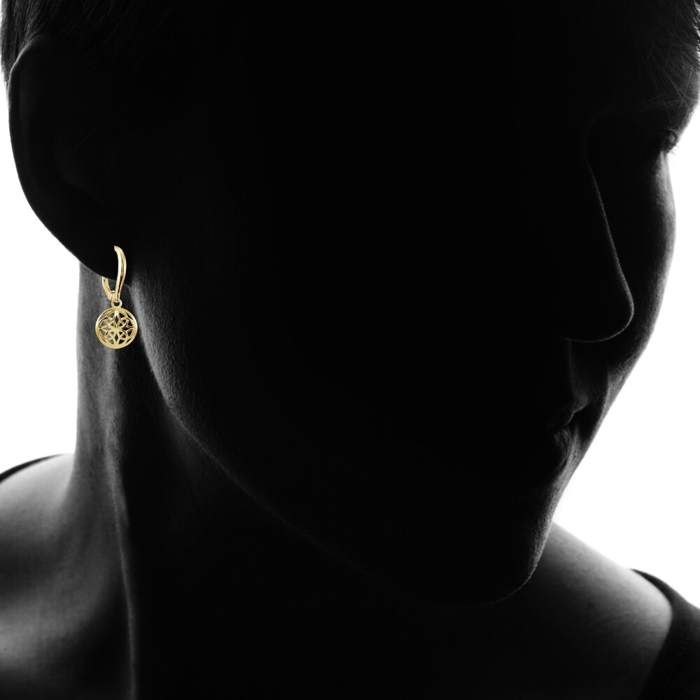 Yellow Gold Flashed 925 Silver Polished Filigree Round Dangle Leverback Earrings