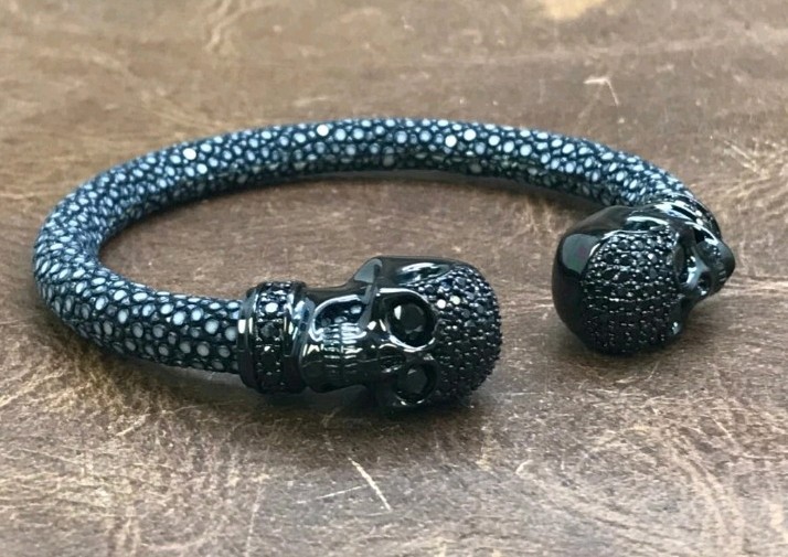 Natural Black Stingray Leather Cuff Bracelet Signed 925 Sterling Silver Skulls