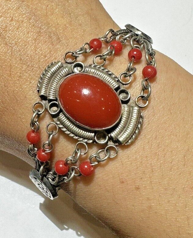 Vintage Exquisite Design Filigree Oval Red Cab Mesh 800 Silver 7″ Bracelet DA5
