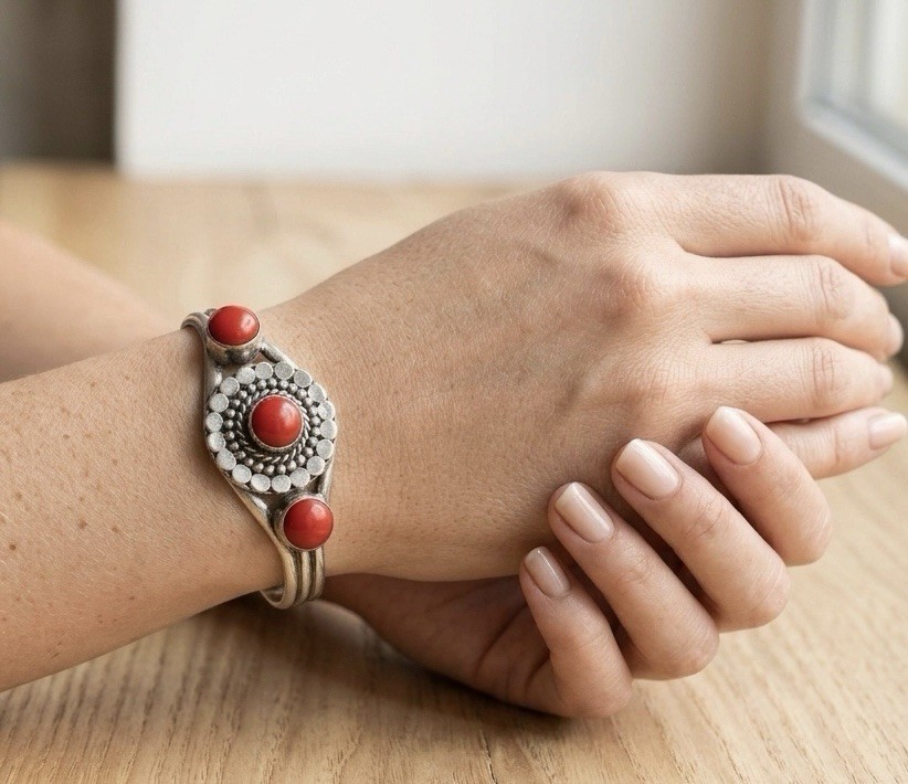 Sterling Silver Artisan Cuff Bracelet Tibetan Nepali Red Coral Style 3 Stone