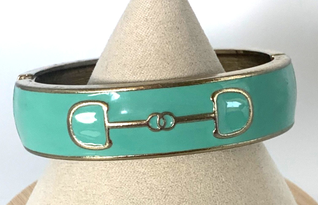 FORNASH Turquoise Aqua Color Enamel Gold Tone Hinged Equestrian Bangle Bracelet