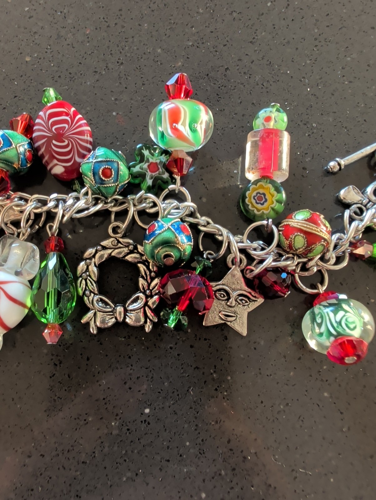 Multicolor Lampwork Art Glass Cloissone Charm Bracelet Silver Tone 7″ Loaded T5