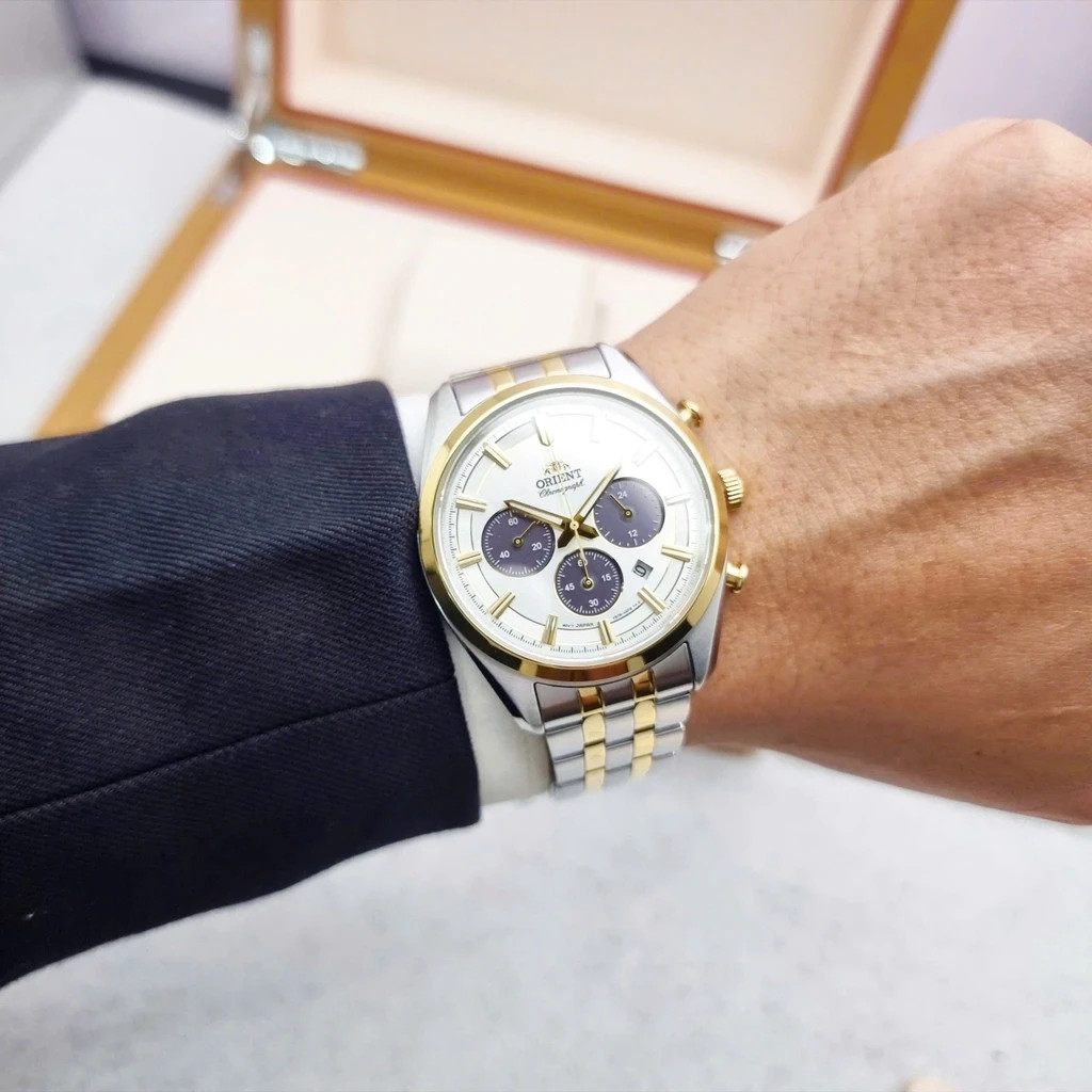 Orient Stretto Solar Chronograph Men’s Watch White Dial Gold Silver Steel Strap